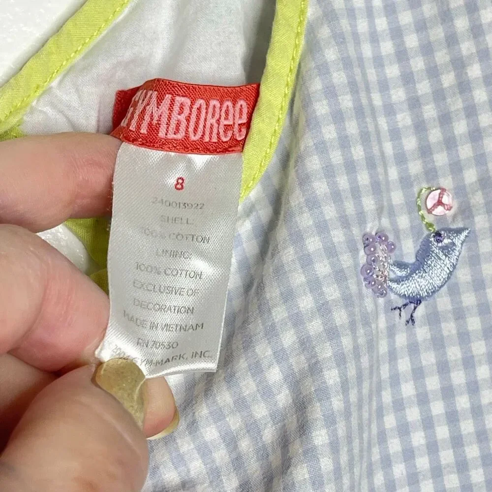 Gymboree A Bird’s Life Blue Green Gingham Embroidered Dress Vintage Girls Size 8